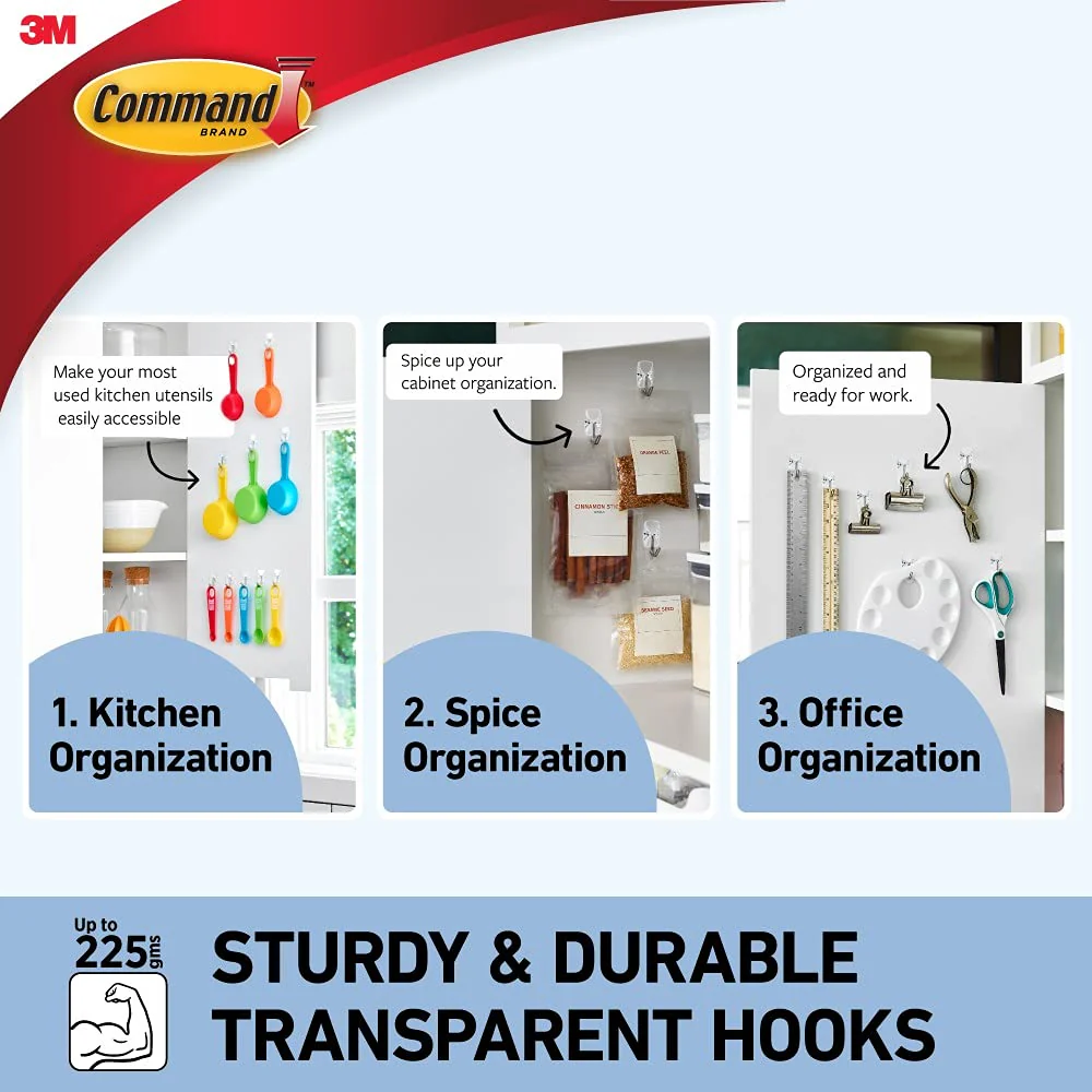 3M Command Small Clear Wire Wall Hooks, Up To 225Gms, Holds Strongly, Reusable, Adhesive Hooks For Wall, Multi-Surface Damage Free Hooks For Hanging Transparent, 3Hooks, 4 Strips - Plastic - Image 4