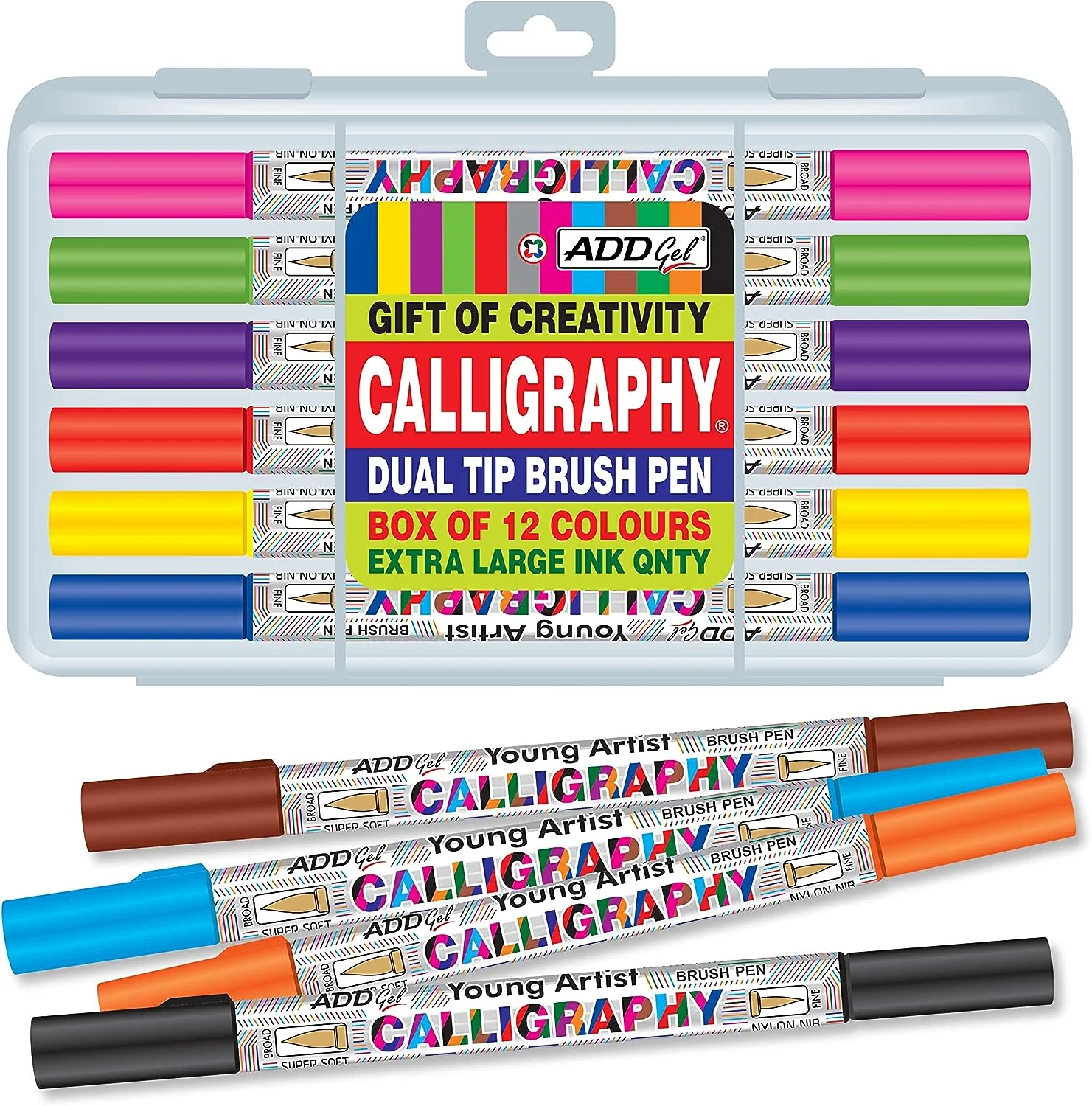 ADD Gel Calligraphy Colouring Pen-Twin Tip Brush 12 Pen Set - Multicolor