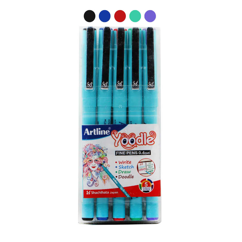 Artline Yoodle Fine Pen 0.4 Pack of 5 with Vibrant Colours | For Artist, Painters Specially in Writing, SKetching, Drawing & Doodling