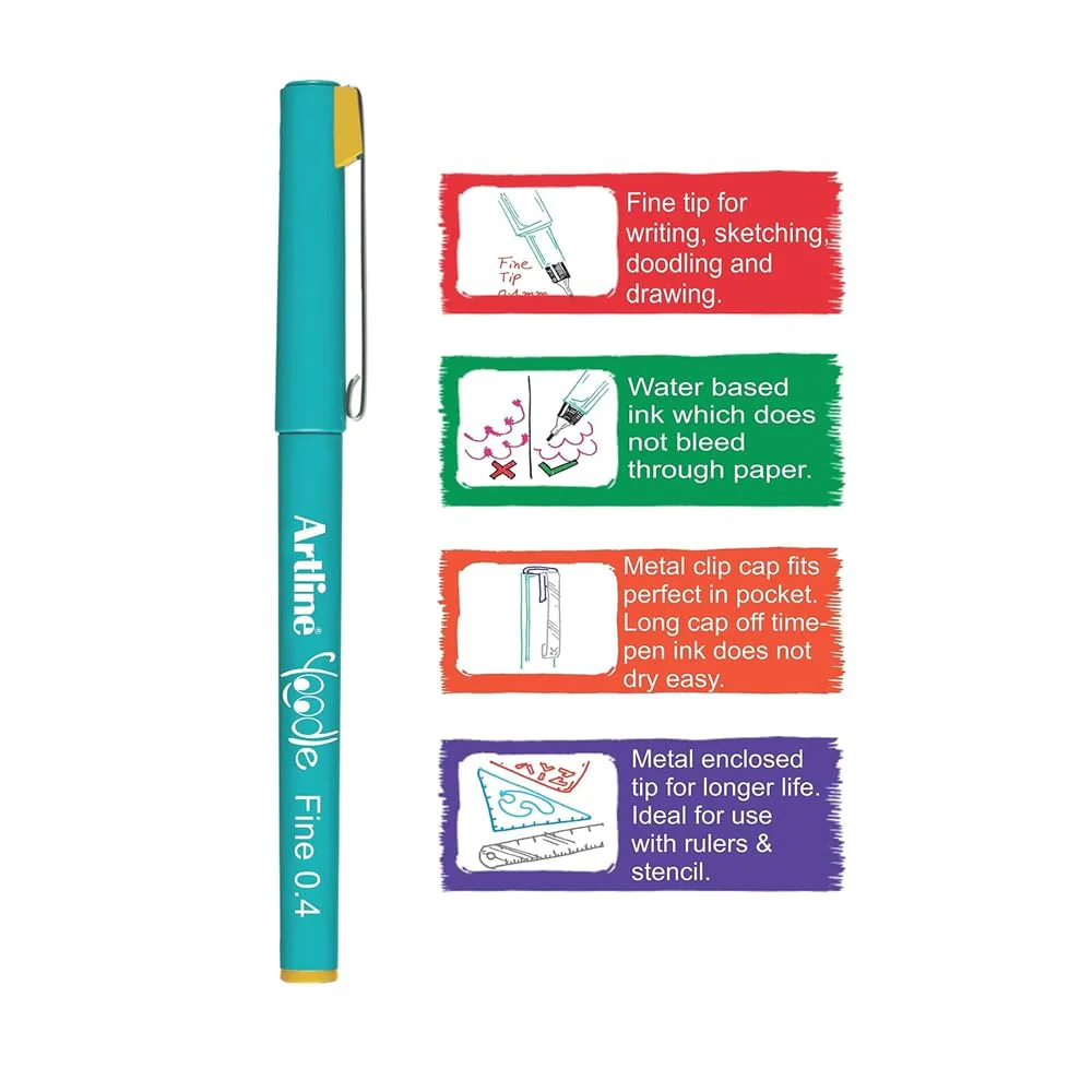 Artline Yoodle Fine Pen 0.4 Pack of 5 with Vibrant Colours | For Artist, Painters Specially in Writing, SKetching, Drawing & Doodling - Image 2