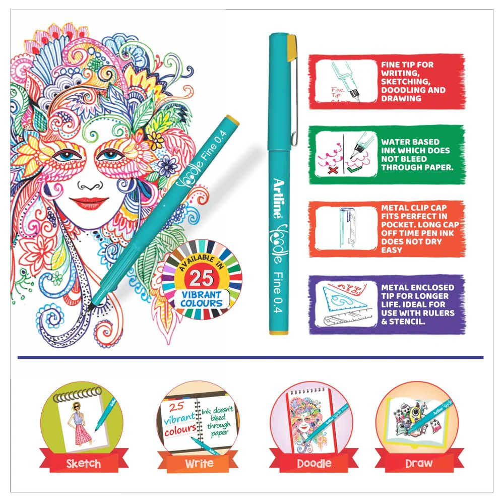 Artline Yoodle Fine Pen 0.4 Pack of 5 with Vibrant Colours | For Artist, Painters Specially in Writing, SKetching, Drawing & Doodling - Image 3