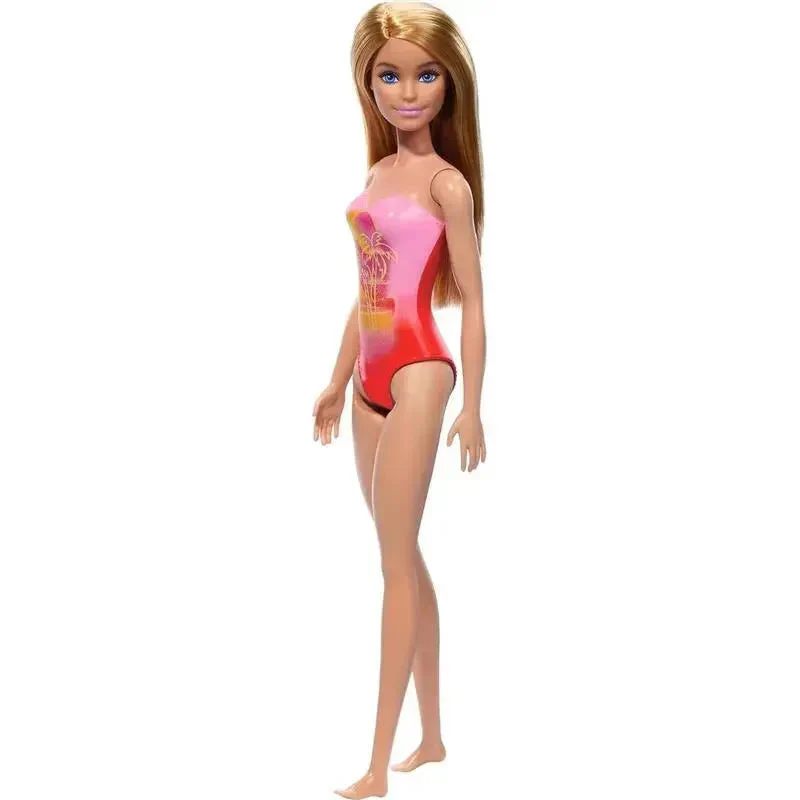 Barbie Beach Doll With Blond Hair Wearing Pink Palm Tree-Print Swimsuit - Image 3