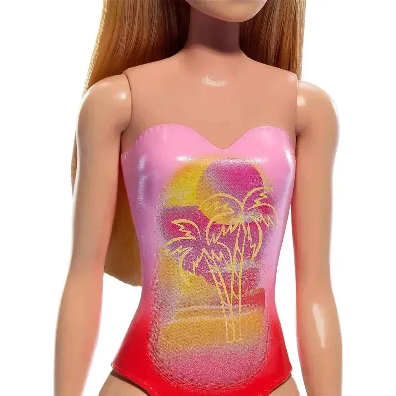 Barbie Beach Doll With Blond Hair Wearing Pink Palm Tree-Print Swimsuit - Image 5