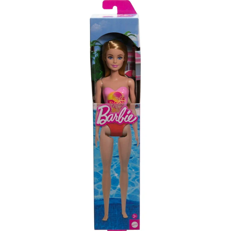 Barbie Beach Doll With Blond Hair Wearing Pink Palm Tree-Print Swimsuit - Image 6