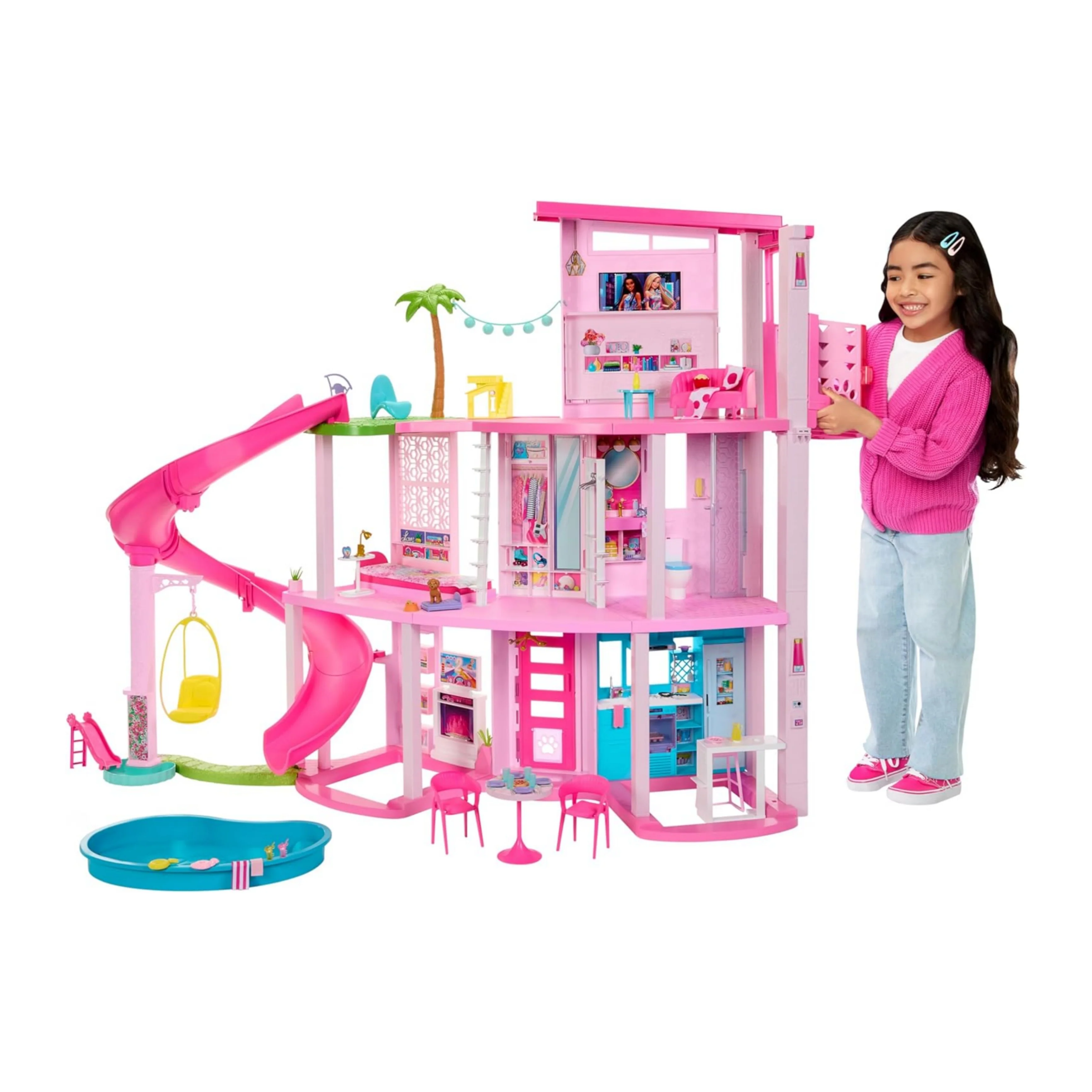 Barbie Dreamhouse Pool Party Doll House with 75+ Pieces and 3-Story Slide Pet Elevator and Puppy Play Areas
