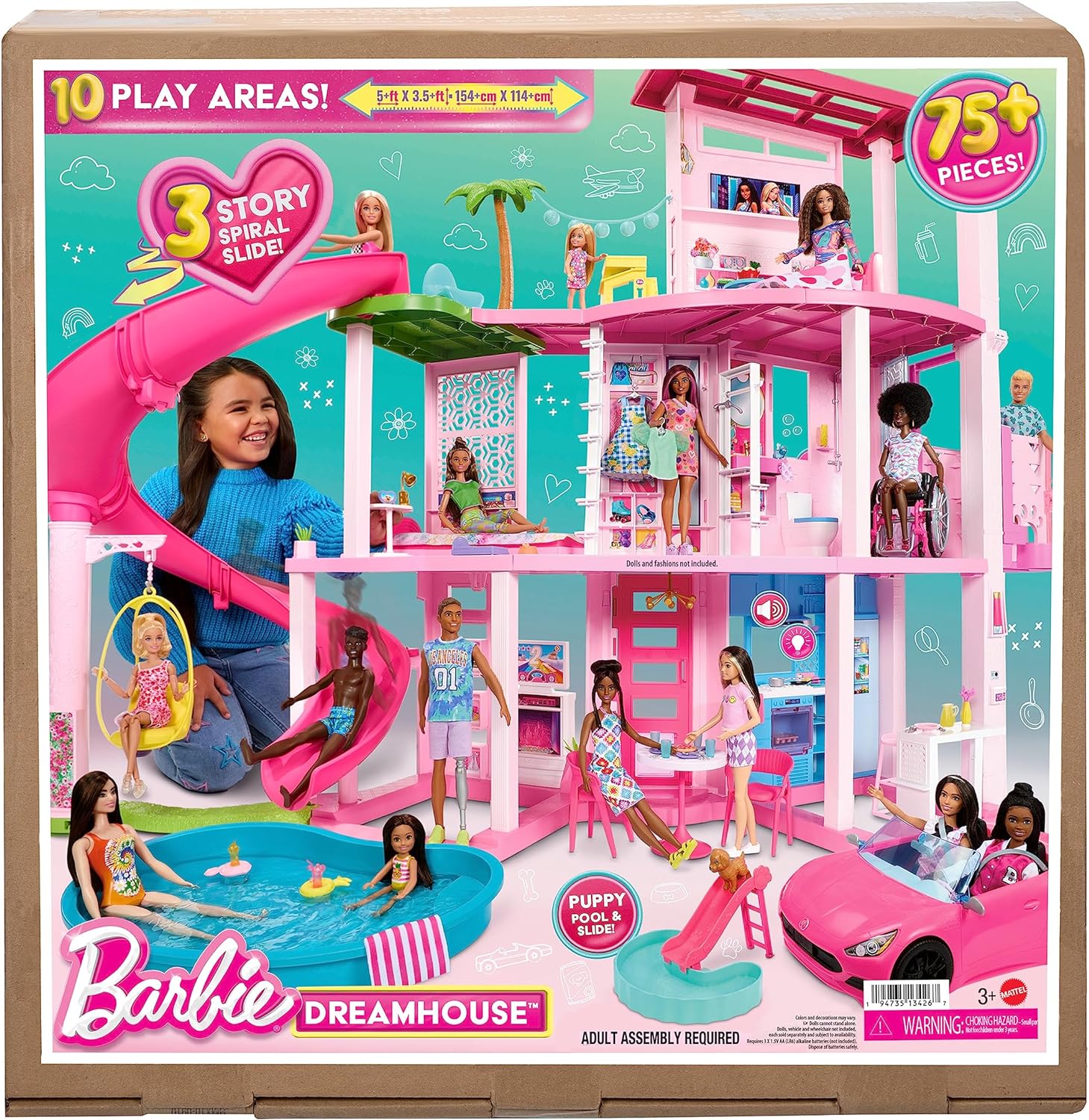 Barbie Dreamhouse Pool Party Doll House with 75+ Pieces and 3-Story Slide Pet Elevator and Puppy Play Areas - Image 6
