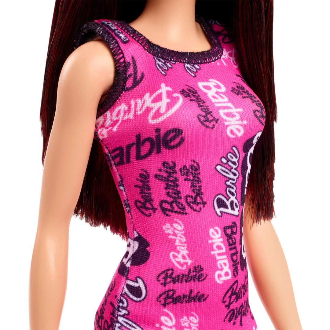 Barbie Fashion Doll With Dark Burgundy Hair Wearing Removable Pink Dress & Shoes With Logo Print - HRH10 - Image 3