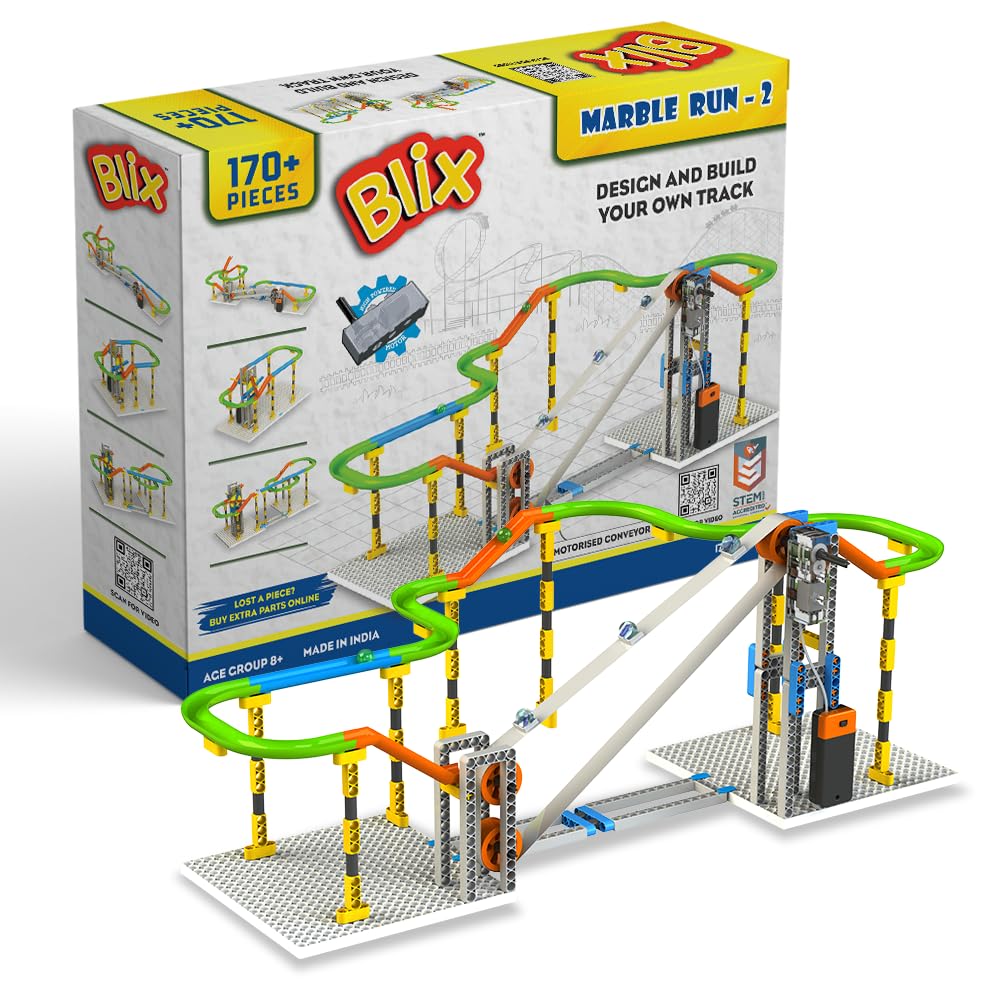 Blix Marble Run-2 Construction Set, 170+ Pieces, Construction Set, Design and Build Your Own Tracks, Toys for Kids, Compatible with Other Brick Brands, Ages 5+, Best Gift for Kids