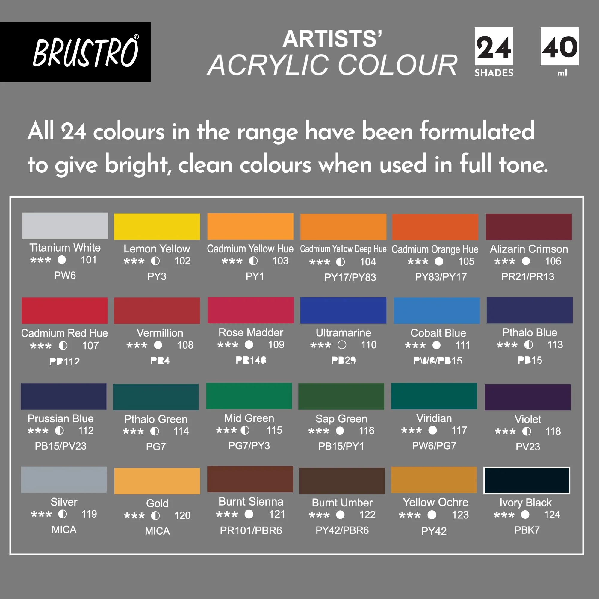 Brustro Artist's Acrylic Colour Paint Set of 24 x 40ml Color Tubes - Image 3