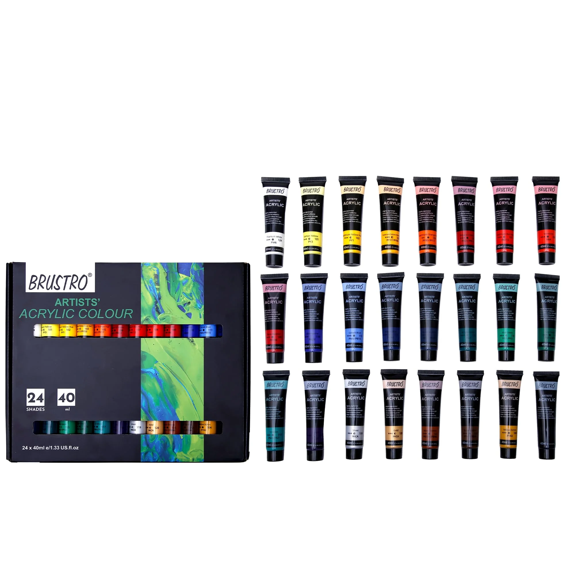 Brustro Artist's Acrylic Colour Paint Set of 24 x 40ml Color Tubes - Image 4