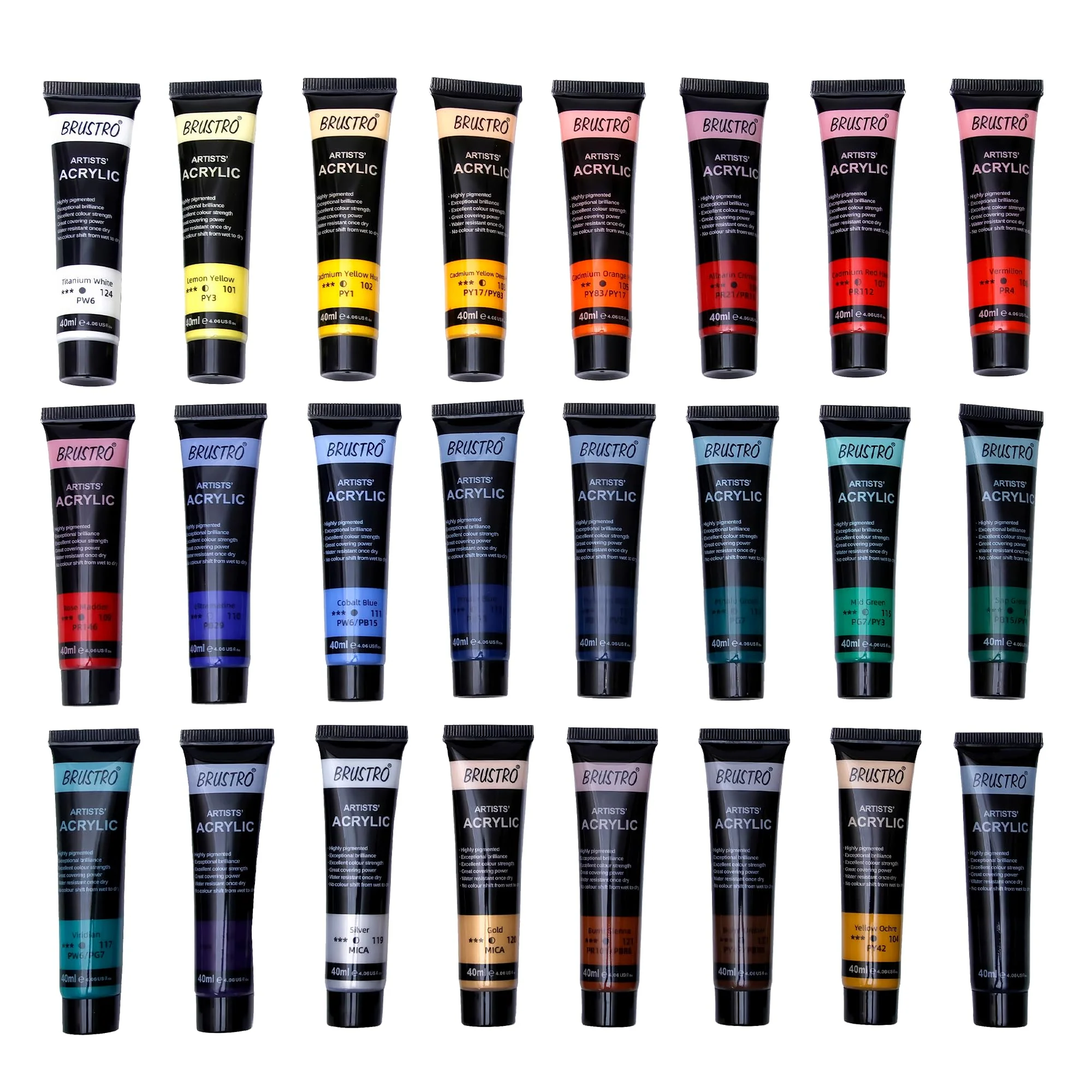 Brustro Artist's Acrylic Colour Paint Set of 24 x 40ml Color Tubes - Image 5