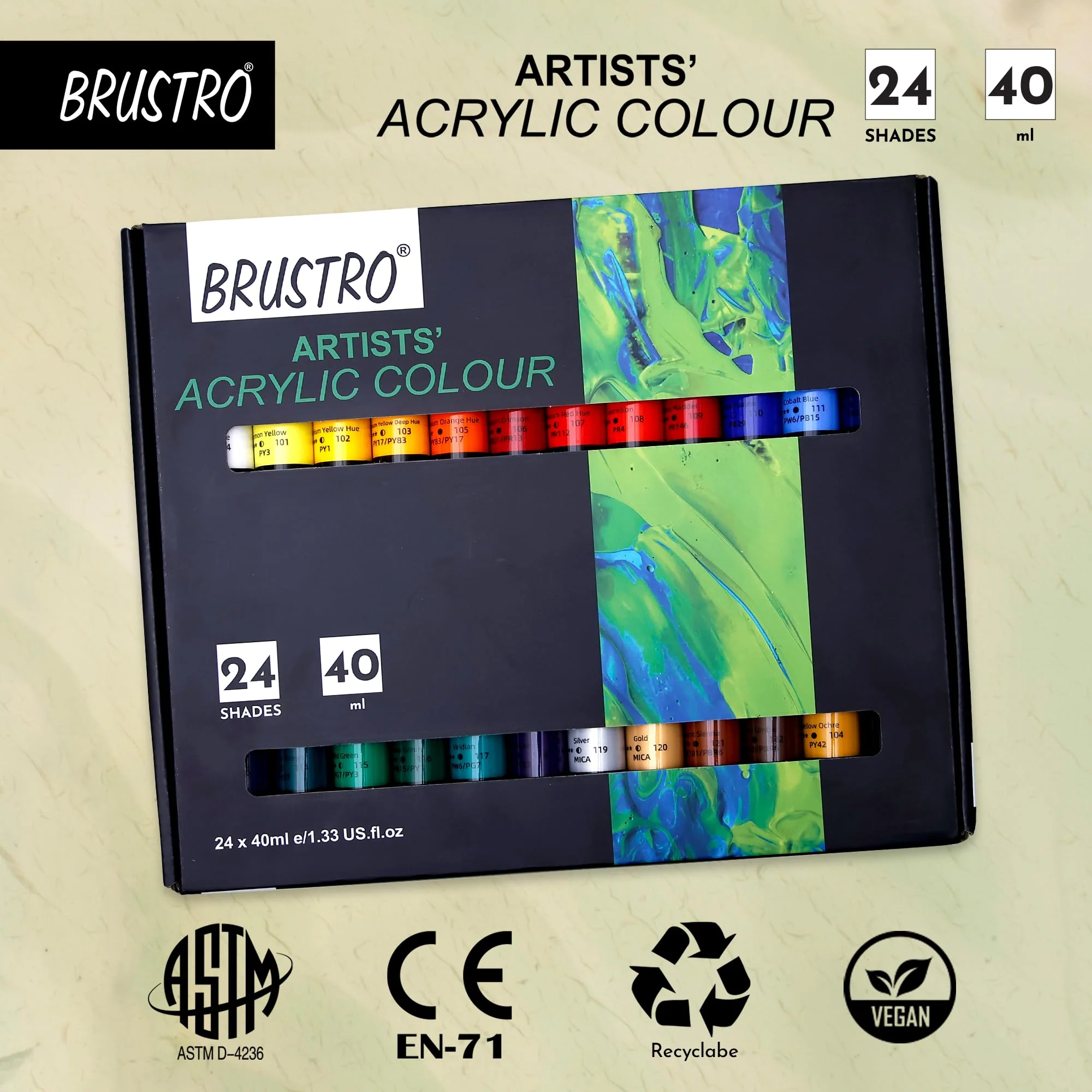 Brustro Artist's Acrylic Colour Paint Set of 24 x 40ml Color Tubes - Image 6