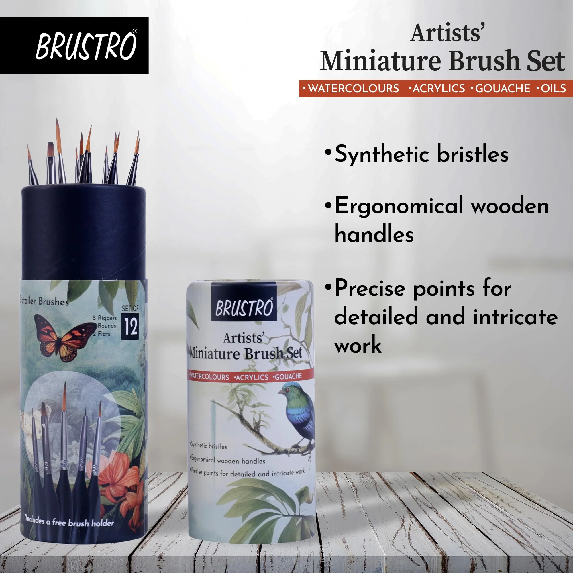 Brustro Artists ’ Watercolour & Acrylic Miniature Brush Set of - 12 - Image 4