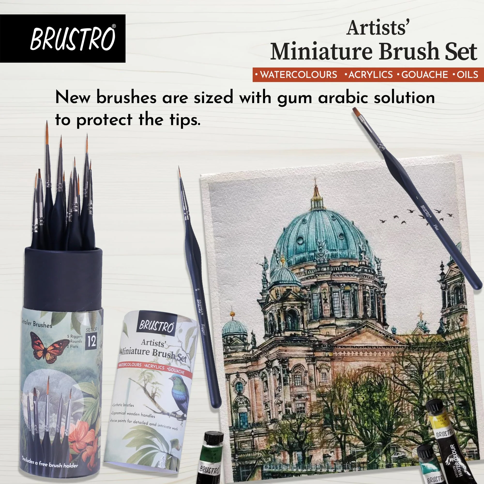 Brustro Artists ’ Watercolour & Acrylic Miniature Brush Set of - 12 - Image 5