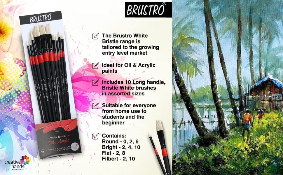 Brustro Artists ’ White Bristle Set of 10 Brushes for Oil and Acrylic. - Image 8