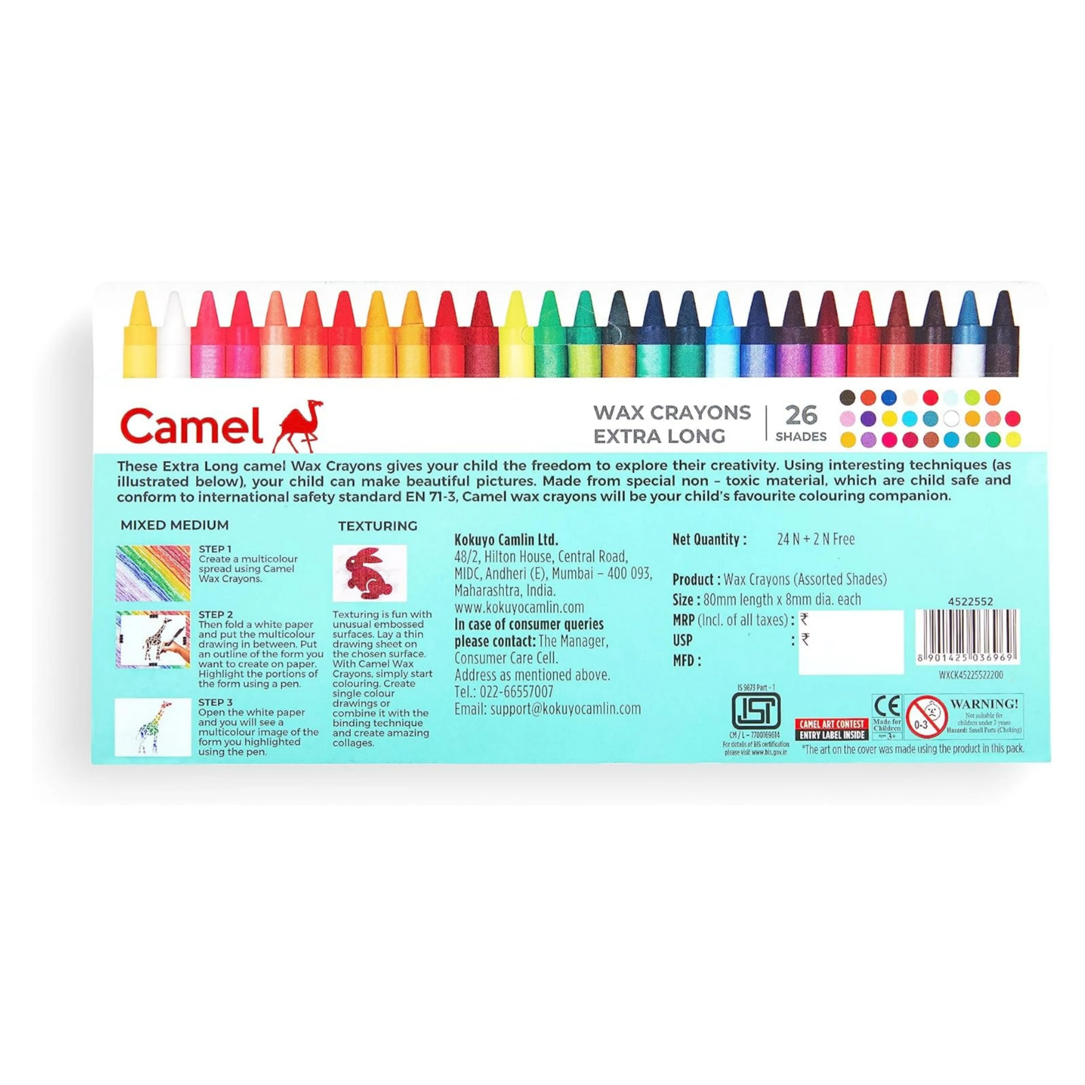 Camel Camlin Kokuyo Extra Long Wax Crayons - 26 Shades - Image 3