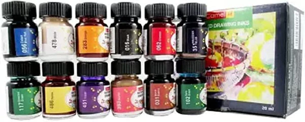 Camlin Pack of 12 Coloured Drawing Inks in 20 ml Bottles - Image 2