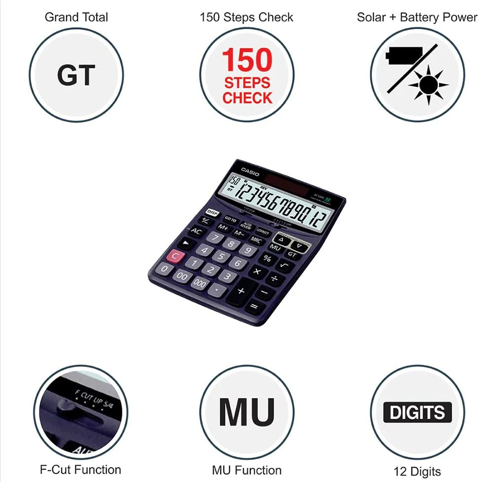 Casio DJ-120D 150 Steps Check and Correct Desktop Calculator with Bigger Screen/Keys (12 Digit), Black - Image 3