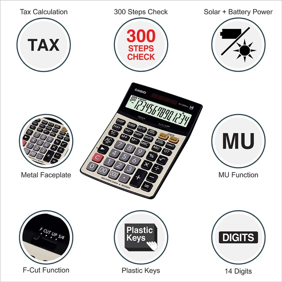 Casio DJ-240D Plus 300 Steps Check and Correct Premium Desktop Calculator with Metallic faceplate & Bigger Screen/Keys (14 Digit) - Image 6