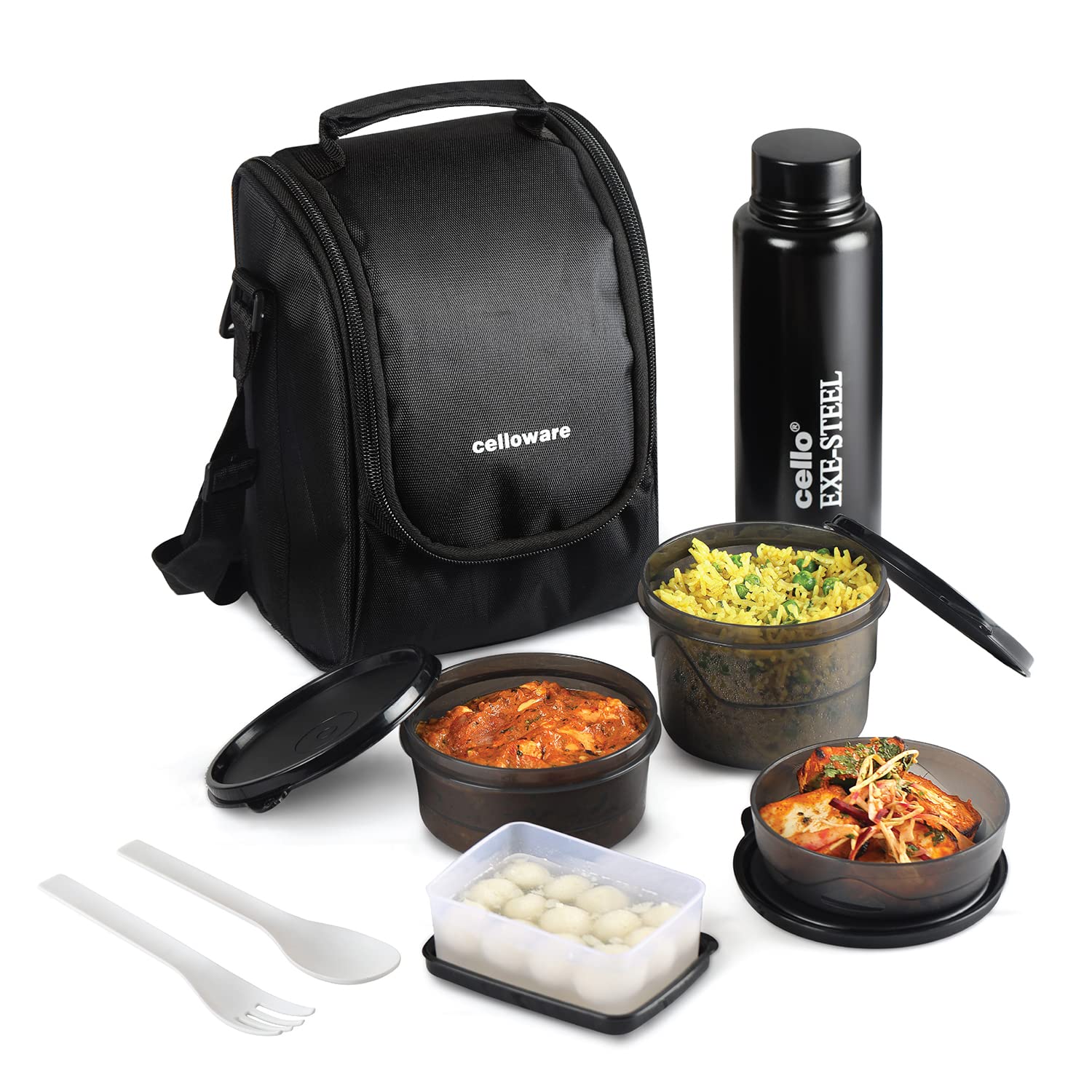 Cello MF All in One Lunch Box Set of 5 with Bag,Black 3 Containers with Steel Inner, 1 Plastic Pickle Box and 1 Steel Bottle Microwave Safe Insulated Tiffin - Image 5
