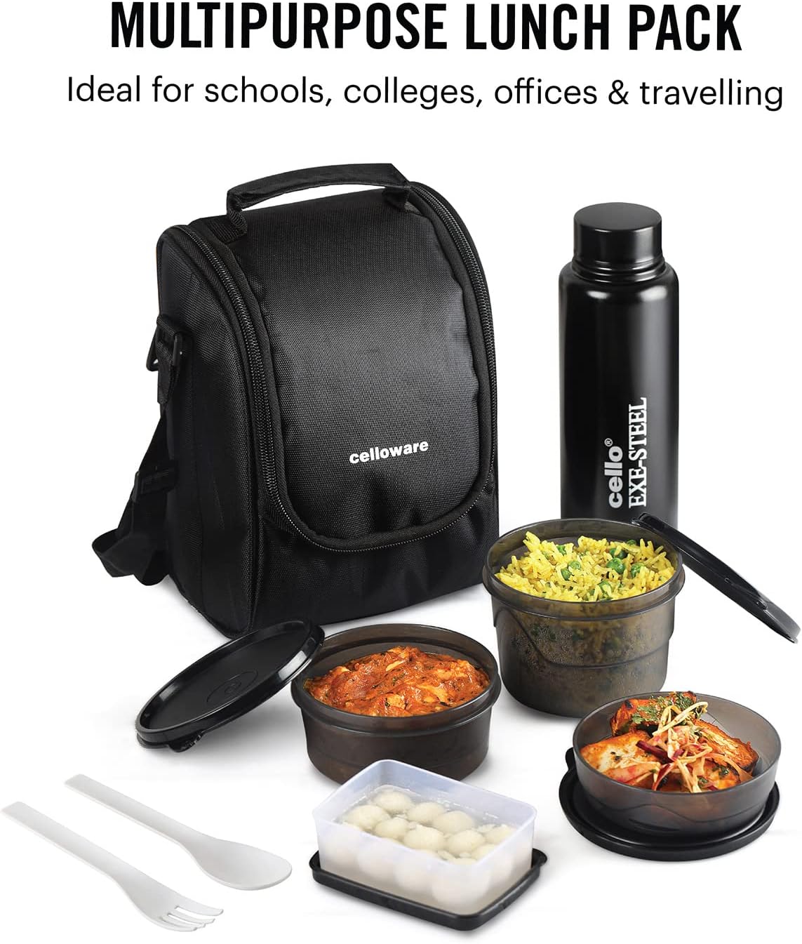 Cello MF All in One Lunch Box Set of 5 with Bag,Black 3 Containers with Steel Inner, 1 Plastic Pickle Box and 1 Steel Bottle Microwave Safe Insulated Tiffin - Image 6