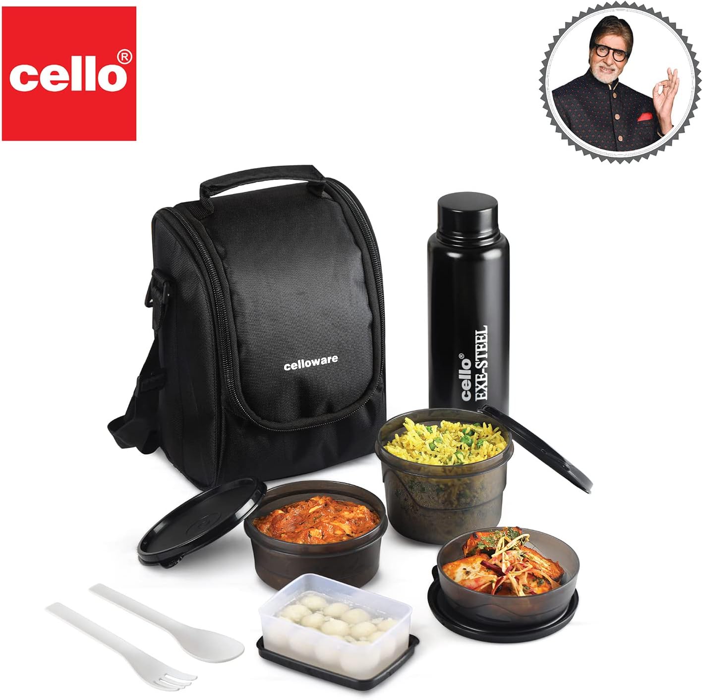 Cello MF All in One Lunch Box Set of 5 with Bag,Black 3 Containers with Steel Inner, 1 Plastic Pickle Box and 1 Steel Bottle Microwave Safe Insulated Tiffin - Image 7