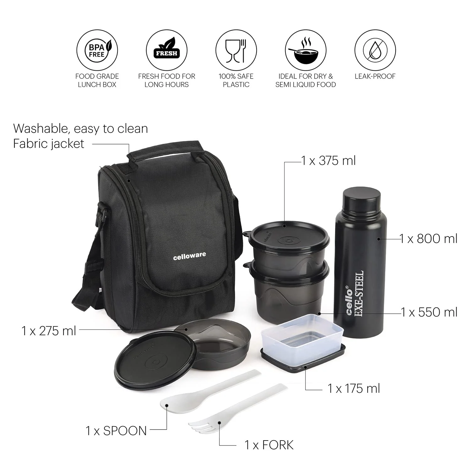 Cello MF All in One Lunch Box Set of 5 with Bag,Black 3 Containers with Steel Inner, 1 Plastic Pickle Box and 1 Steel Bottle Microwave Safe Insulated Tiffin - Image 8