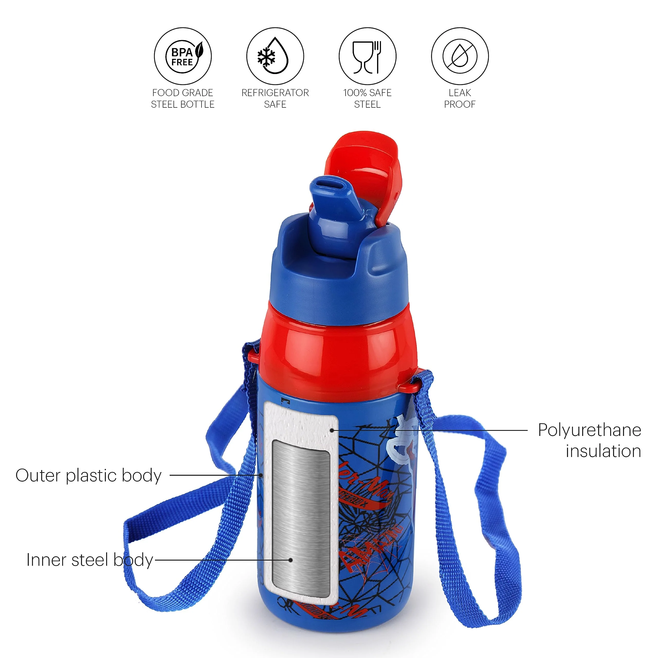 CELLO Puro Steel-X Hydra Kid 400 Water Bottle | PU Insulation | School Bottle | Picnic Bottle | Cold Insulation | Leak Proof | Kids Bottle | Easy to Carry | Spiderman Print | 400ml | Blue - Image 2