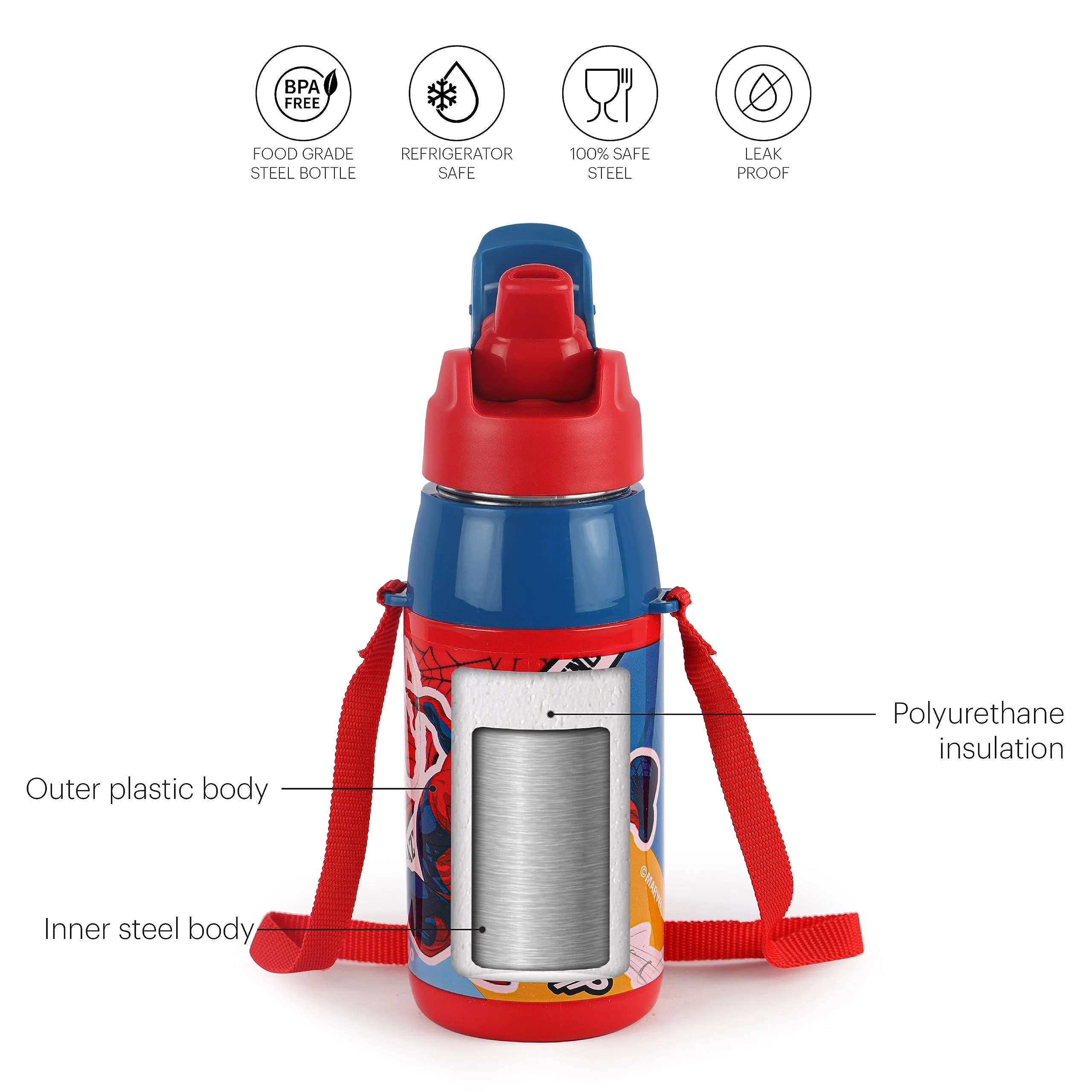 CELLO Puro Steel-X Hydra Kid 400 Water Bottle | PU Insulation | School Bottle | Picnic Bottle | Cold Insulation | Leak Proof | Kids Bottle | Easy to Carry | Spiderman Print | 400ml | Red - Image 2