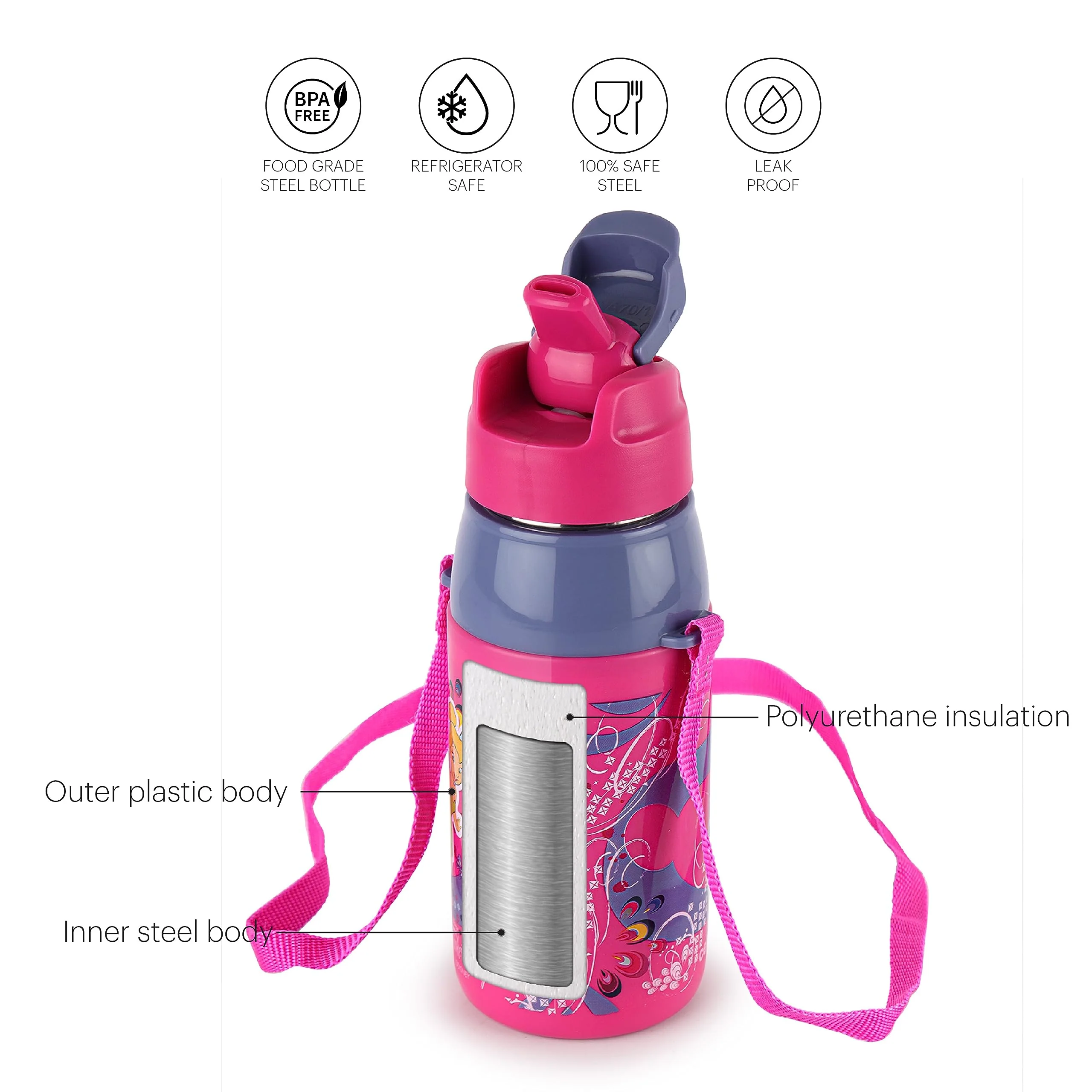 CELLO Puro Steel-X Hydra Kid 400 Water Bottle | PU Insulation | School Bottle | Picnic Bottle | Cold Insulation | Leak Proof | Kids Bottle | Easy to Carry | Tinker Bell | 400ml | Pink - Image 2