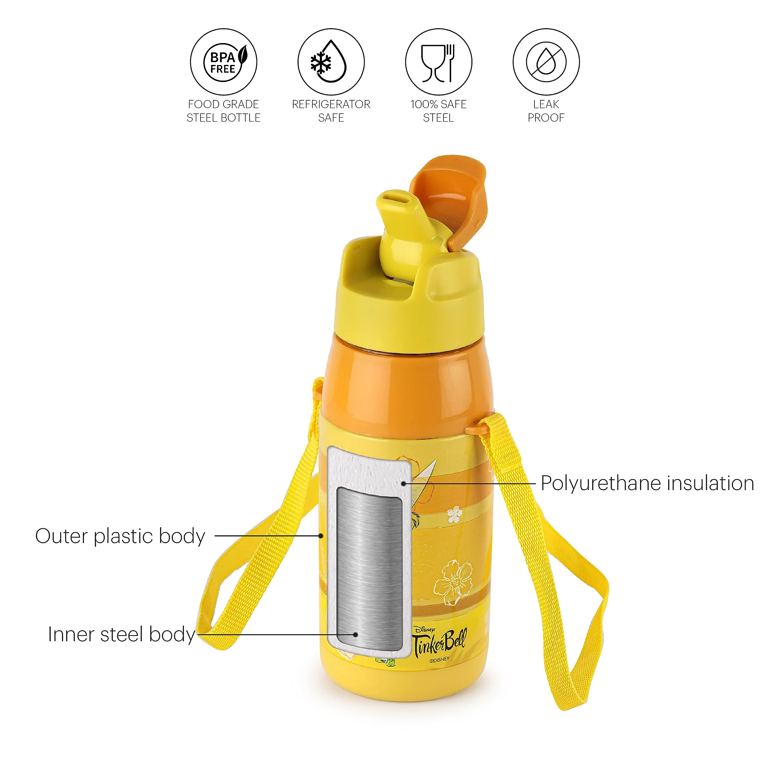 CELLO Puro Steel-X Hydra Kid 400 Water Bottle | PU Insulation | School Bottle | Picnic Bottle | Cold Insulation | Leak Proof | Kids Bottle | Easy to Carry | Tinker Bell | 400ml | Yellow - Image 2