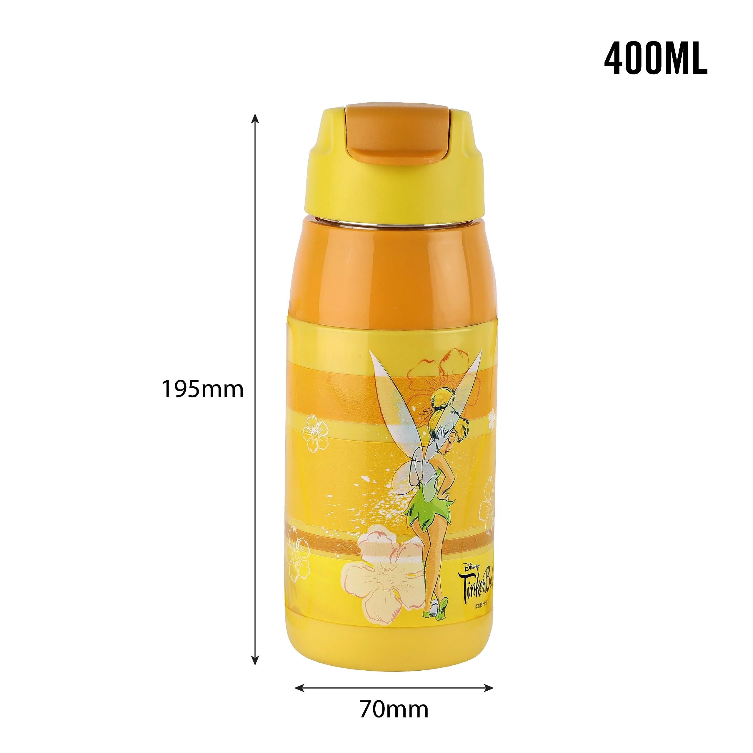 CELLO Puro Steel-X Hydra Kid 400 Water Bottle | PU Insulation | School Bottle | Picnic Bottle | Cold Insulation | Leak Proof | Kids Bottle | Easy to Carry | Tinker Bell | 400ml | Yellow - Image 6