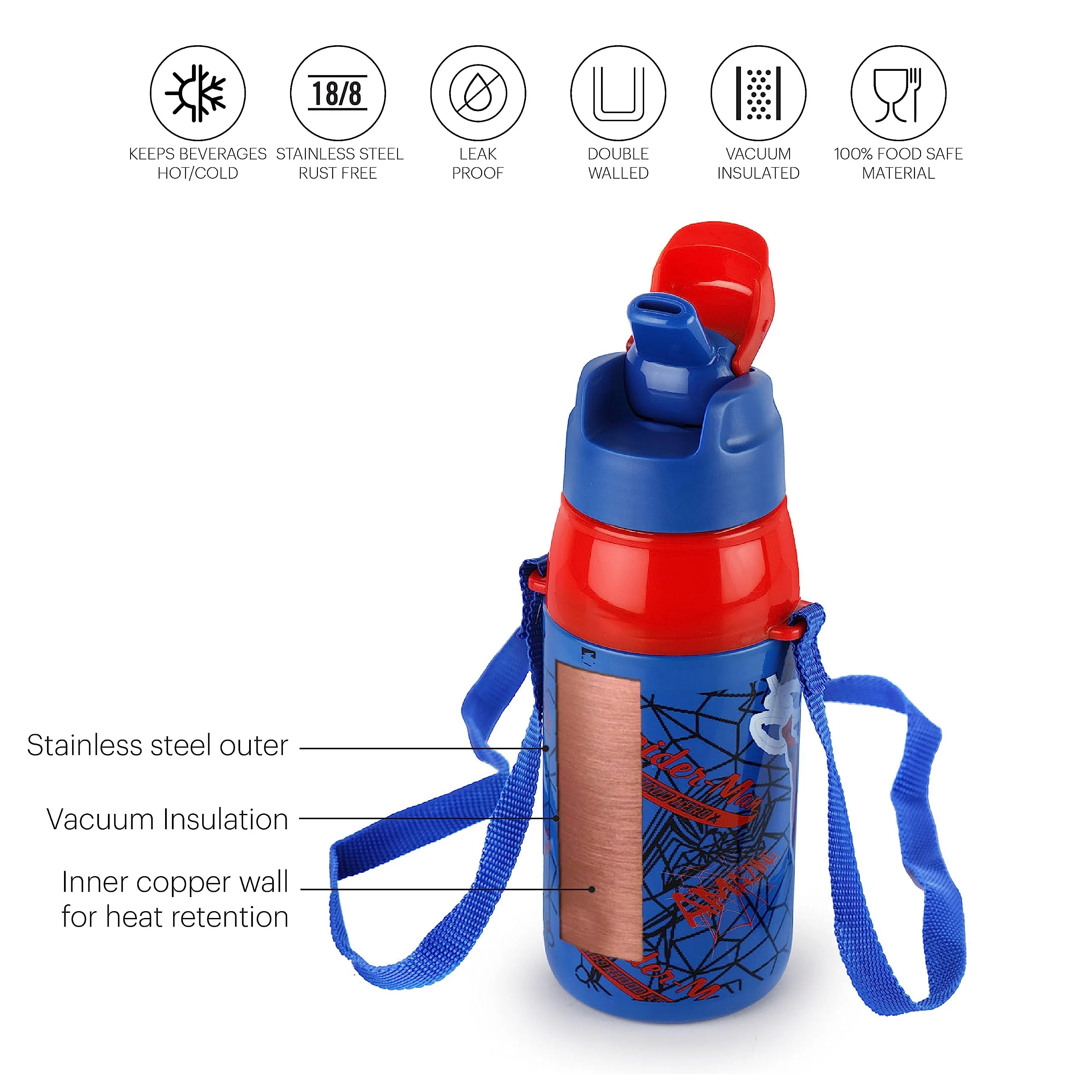 CELLO Puro Steel-X Hydra Kid 600 Water Bottle | PU Insulation | School Bottle | Picnic Bottle | Cold Insulation | Leak Proof | Kids Bottle | Easy to Carry | Spiderman Print | 520ml | Blue - Image 2