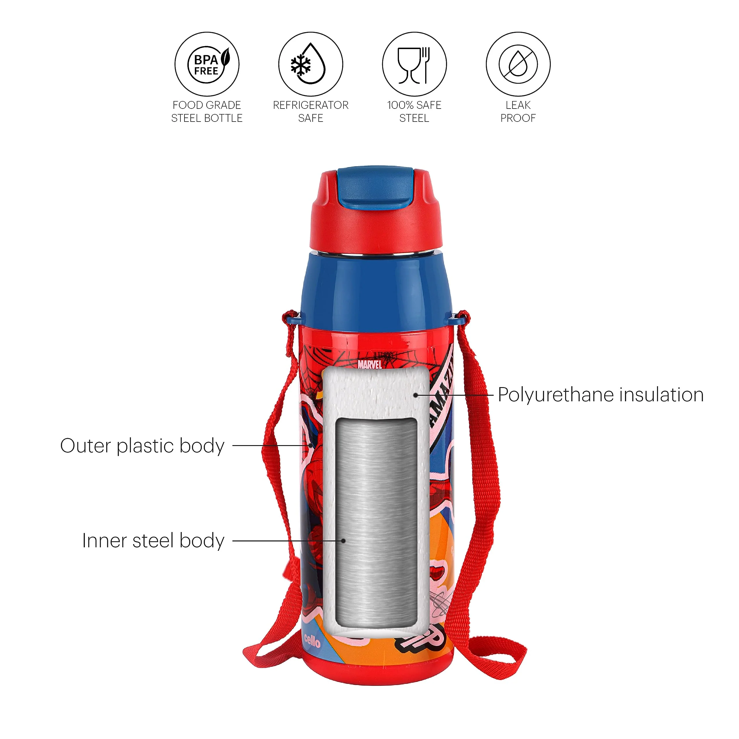 CELLO Puro Steel-X Hydra Kid 600 Water Bottle | PU Insulation | School Bottle | Picnic Bottle | Cold Insulation | Leak Proof | Kids Bottle | Easy to Carry | Spiderman Print | 520ml | Red - Image 2