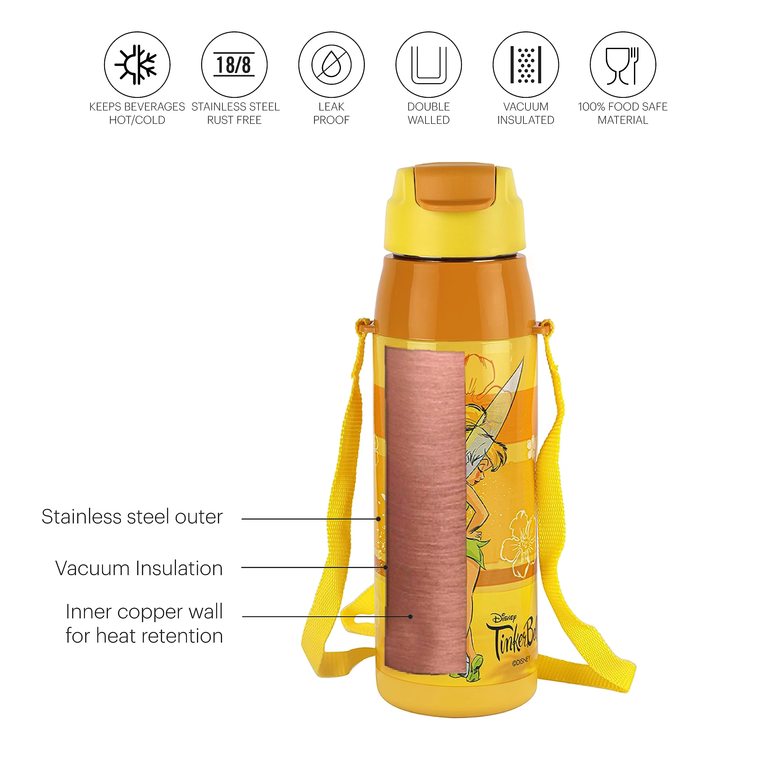 CELLO Puro Steel-X Hydra Kid 600 Water Bottle | PU Insulation | School Bottle | Picnic Bottle | Cold Insulation | Leak Proof | Kids Bottle | Easy to Carry | Tinker Bell | 520ml | Yellow - Image 2