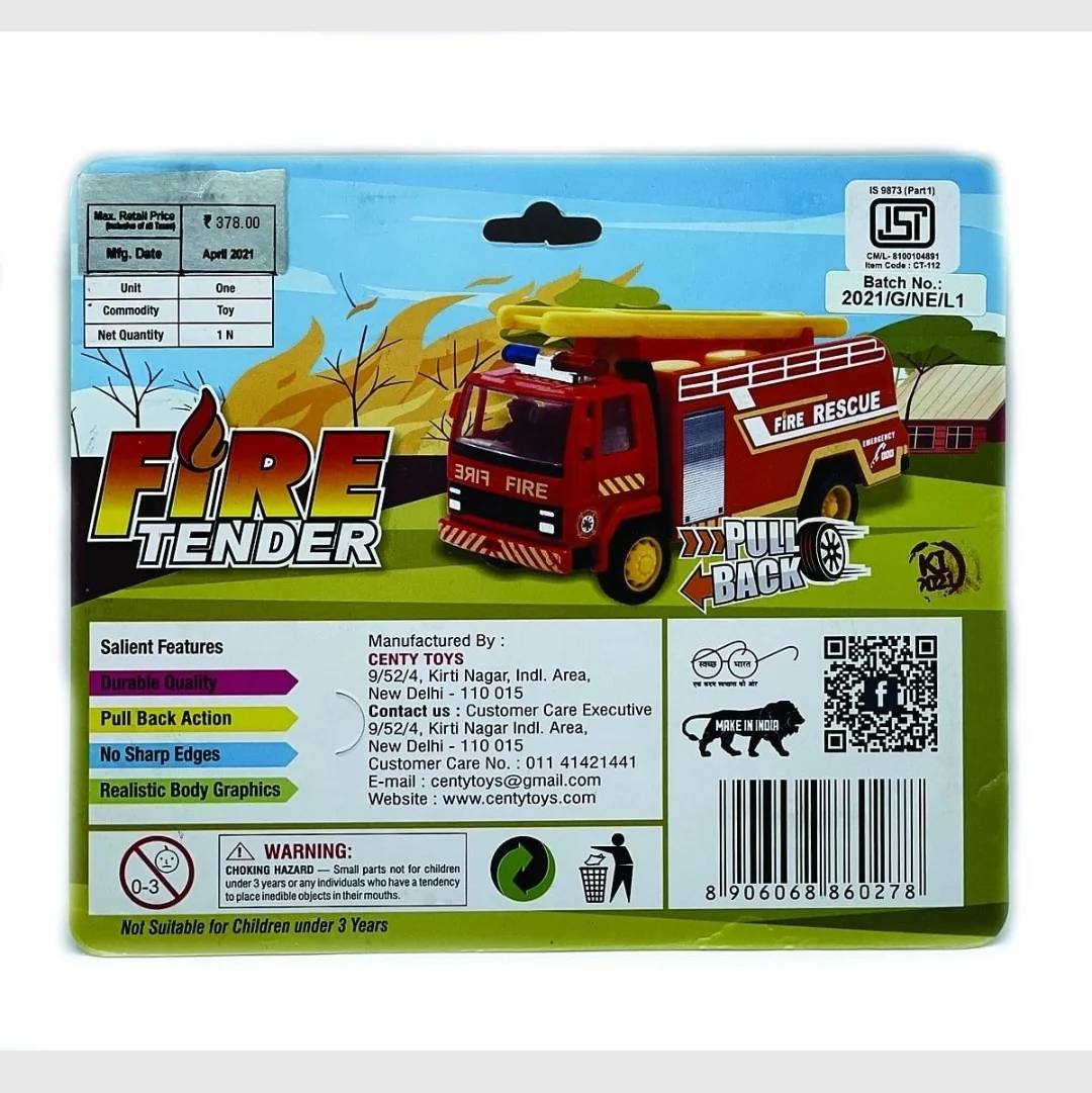 Centy Fire Tender Truck Toy for Kids Made of Non Toxic Plastic Pull Back Action - Image 9