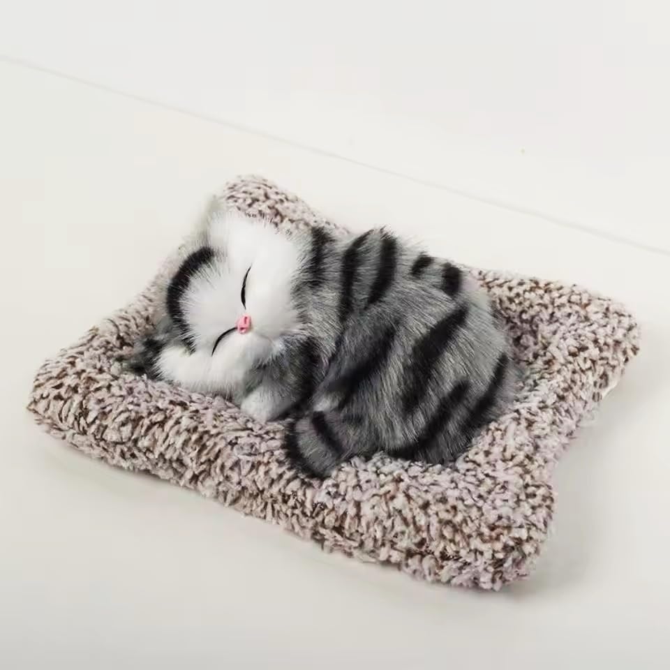 Cute Sleeping Cat Plush Toy with Meow Sound, Gift for Kids Car Dashboard Accessories Stripped Black