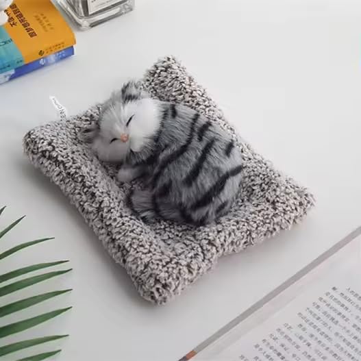 Cute Sleeping Cat Plush Toy with Meow Sound, Gift for Kids Car Dashboard Accessories Stripped Black - Image 3