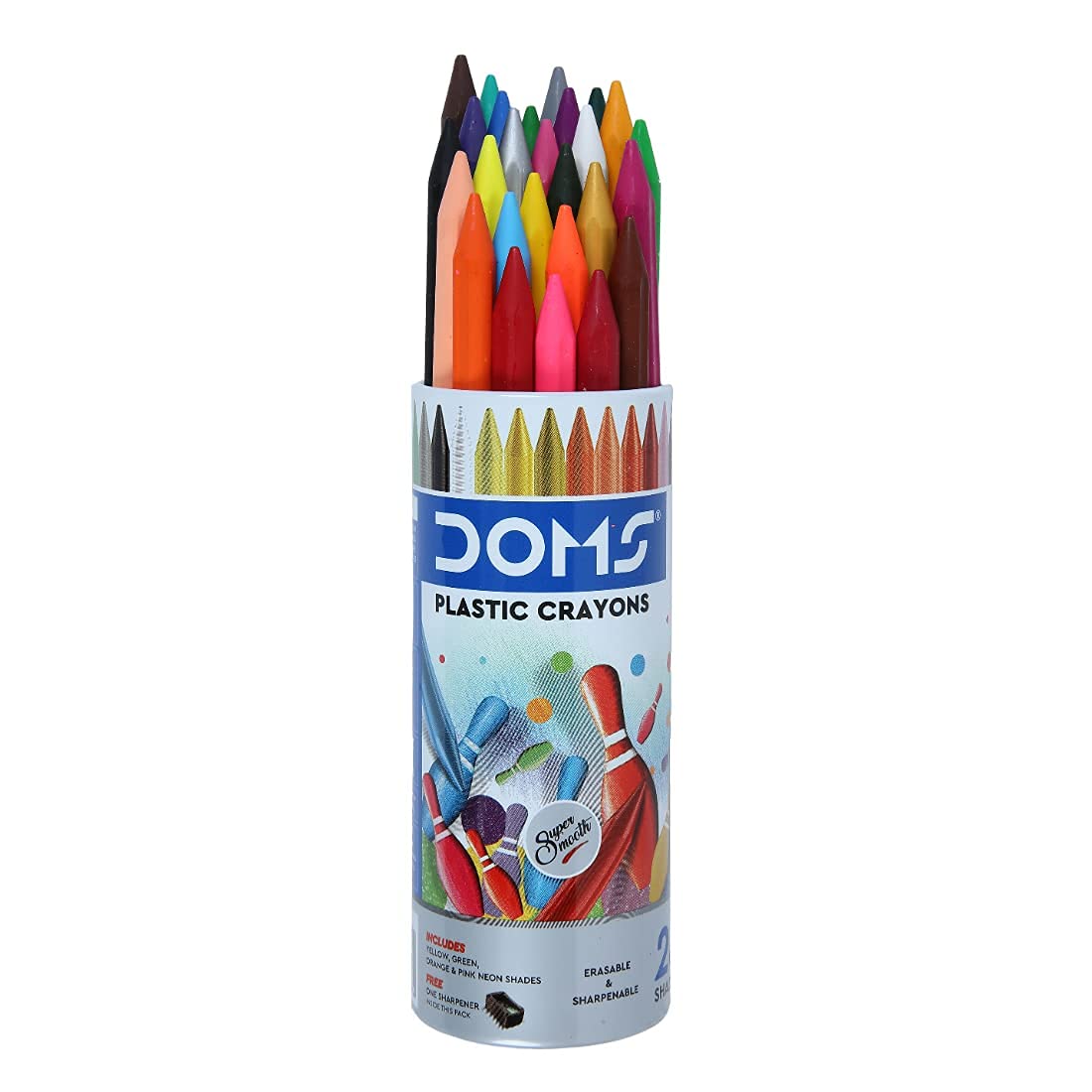 Doms 28 Shades Erasable Plastic Crayons Round Tin Box | Smooth & Even Shading | Bright & Playful Colors | Free Sharpner Inside | Non-Toxic & Safe For Childrens - Image 2