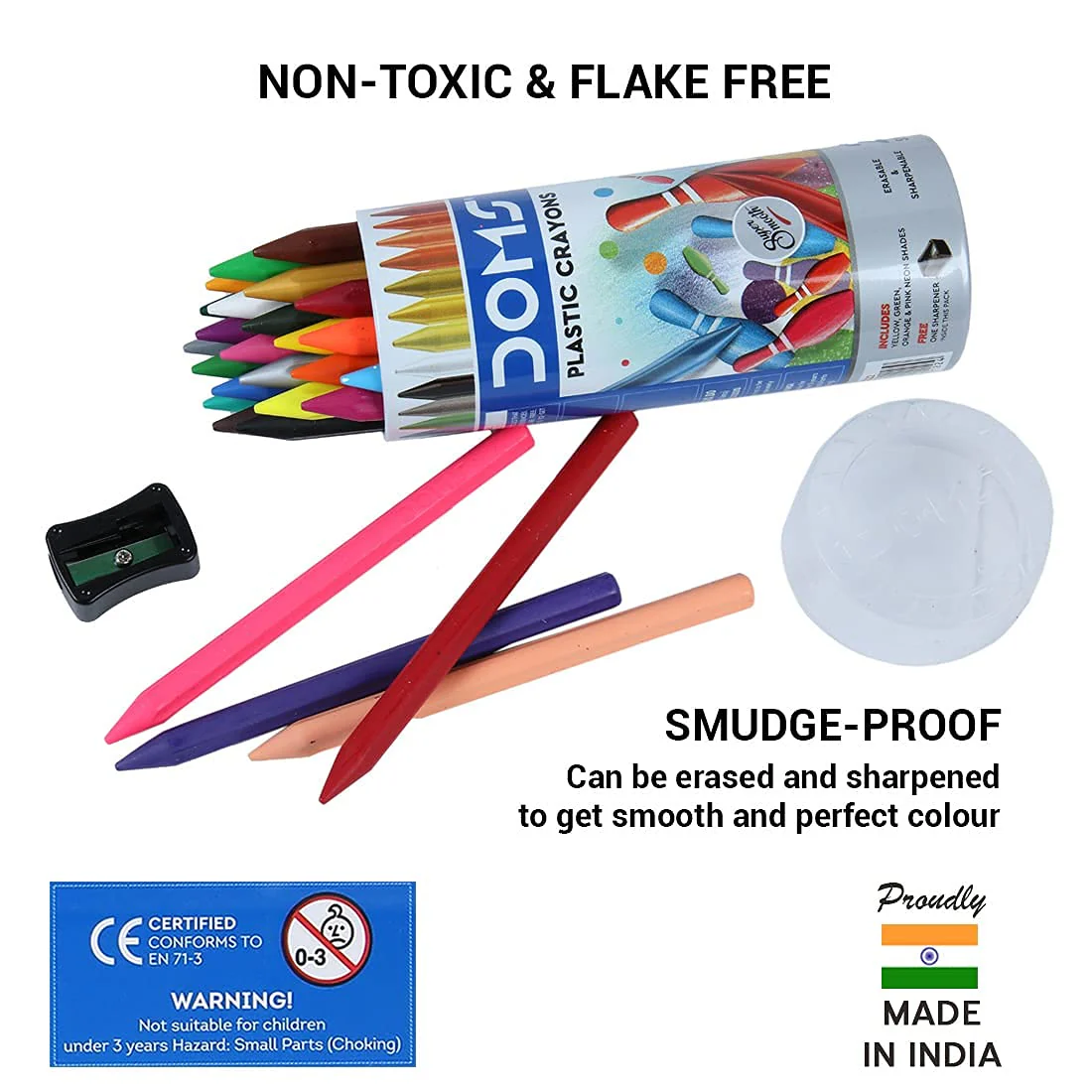 Doms 28 Shades Erasable Plastic Crayons Round Tin Box | Smooth & Even Shading | Bright & Playful Colors | Free Sharpner Inside | Non-Toxic & Safe For Childrens - Image 3