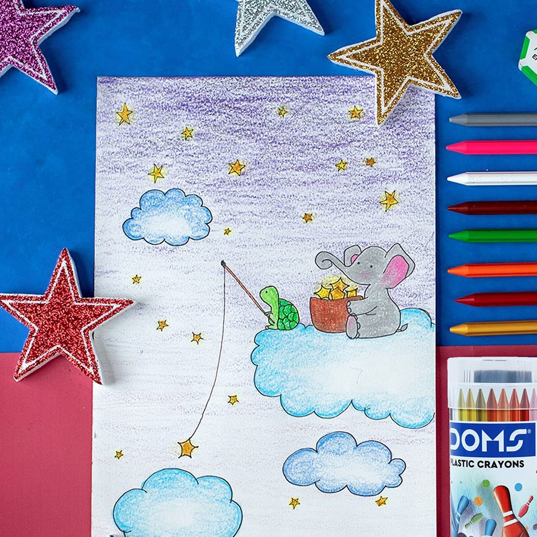 Doms 28 Shades Erasable Plastic Crayons Round Tin Box | Smooth & Even Shading | Bright & Playful Colors | Free Sharpner Inside | Non-Toxic & Safe For Childrens - Image 4