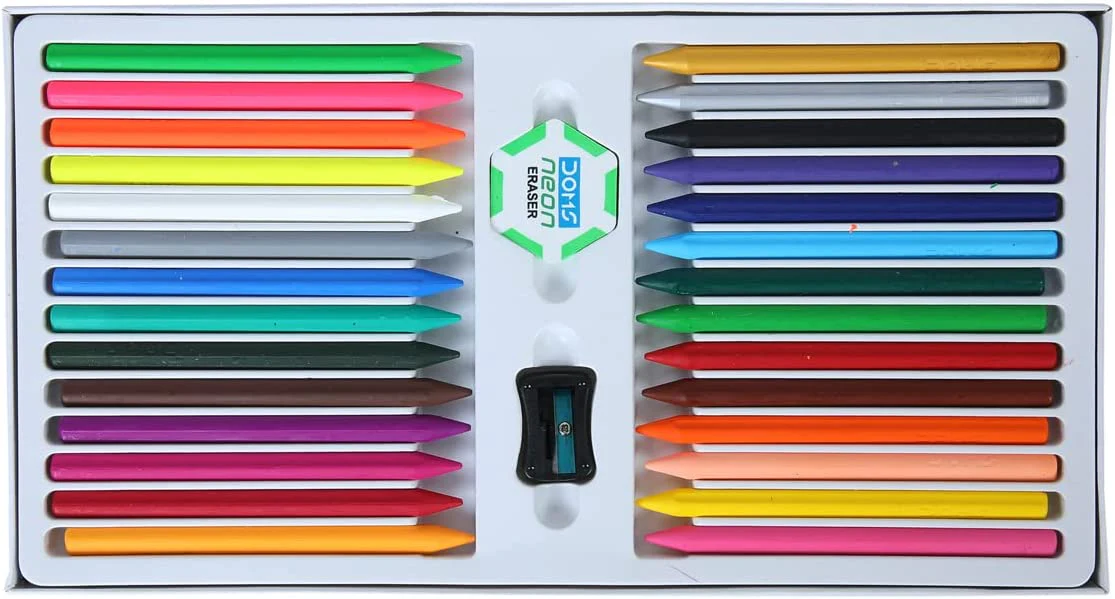 Doms Non-Toxic Super Smooth Plastic Crayons | 28 Assorted Shades | Erasable & Sharpenable | 1 Eraser & 1 Sharpener Included - Image 2