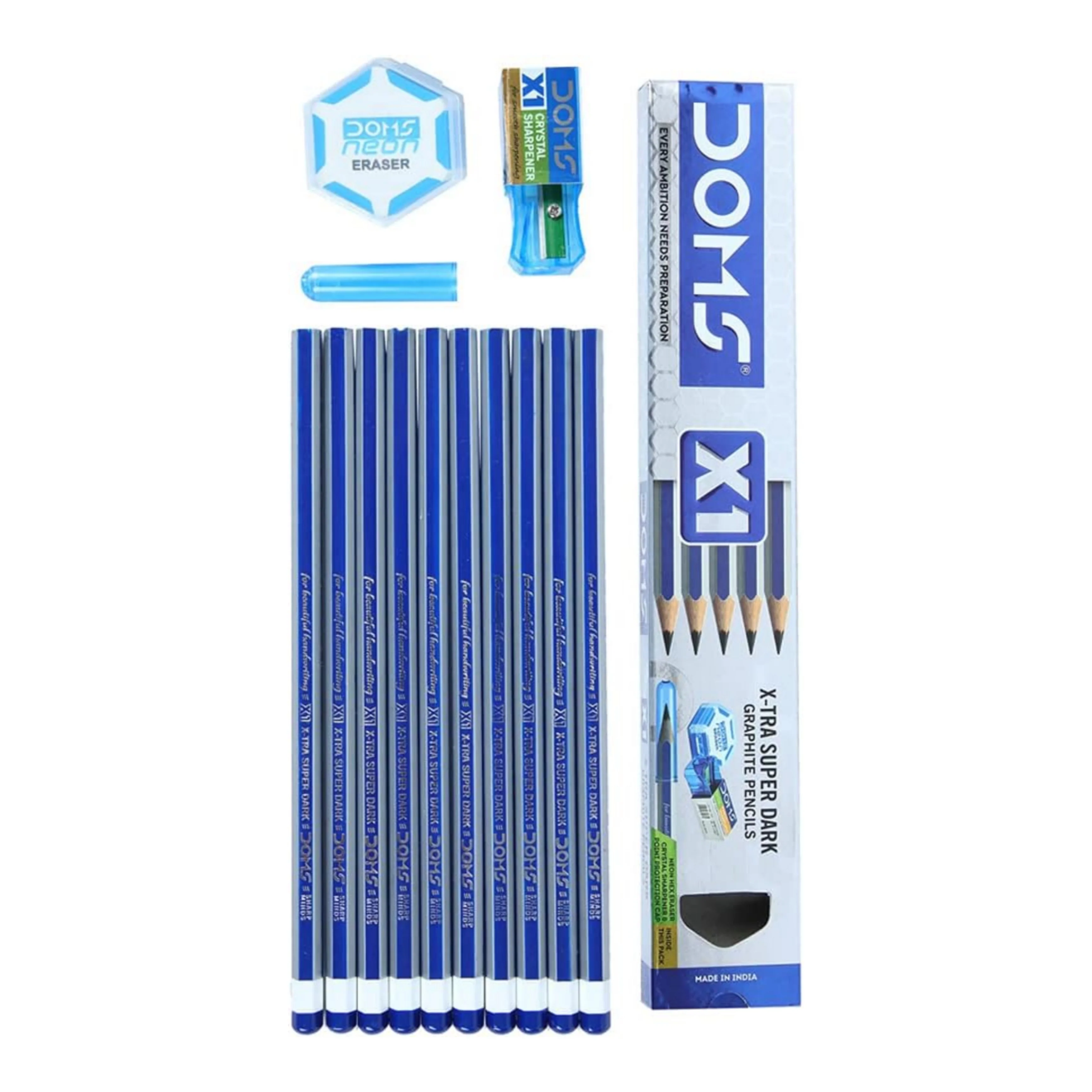 Doms X1 Xtra Super Dark Pencils Box Pack | Hexagonal Shape For Easy Holding & Comfort | Free Eraser, Scale & Pencil Cap Inside | Dark & Neat Handwriting | Pack of 10 Pencils - Image 2