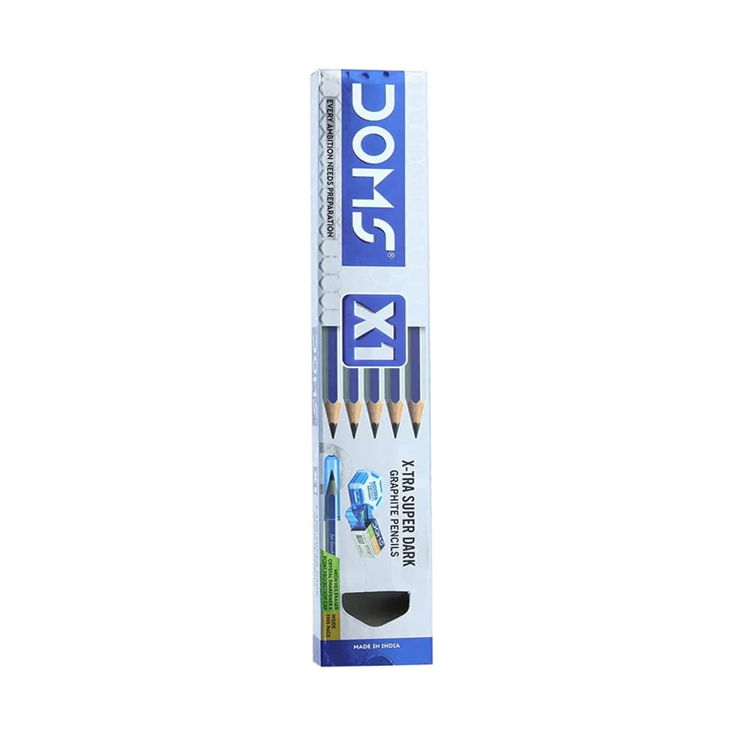 Doms X1 Xtra Super Dark Pencils Box Pack | Hexagonal Shape For Easy Holding & Comfort | Free Eraser, Scale & Pencil Cap Inside | Dark & Neat Handwriting | Pack of 10 Pencils - Image 3