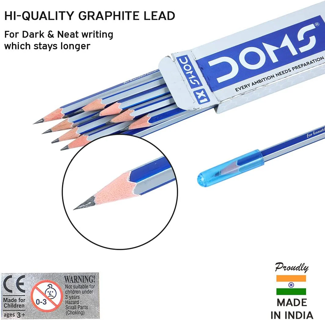 Doms X1 Xtra Super Dark Pencils Box Pack | Hexagonal Shape For Easy Holding & Comfort | Free Eraser, Scale & Pencil Cap Inside | Dark & Neat Handwriting | Pack of 10 Pencils - Image 4