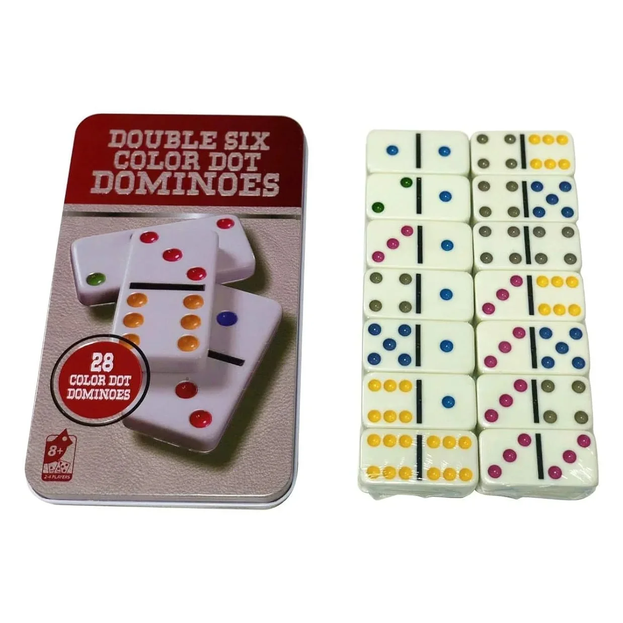 Double Six Color Dot Dominoes 28 Piece Set in Tin Case - Image 2