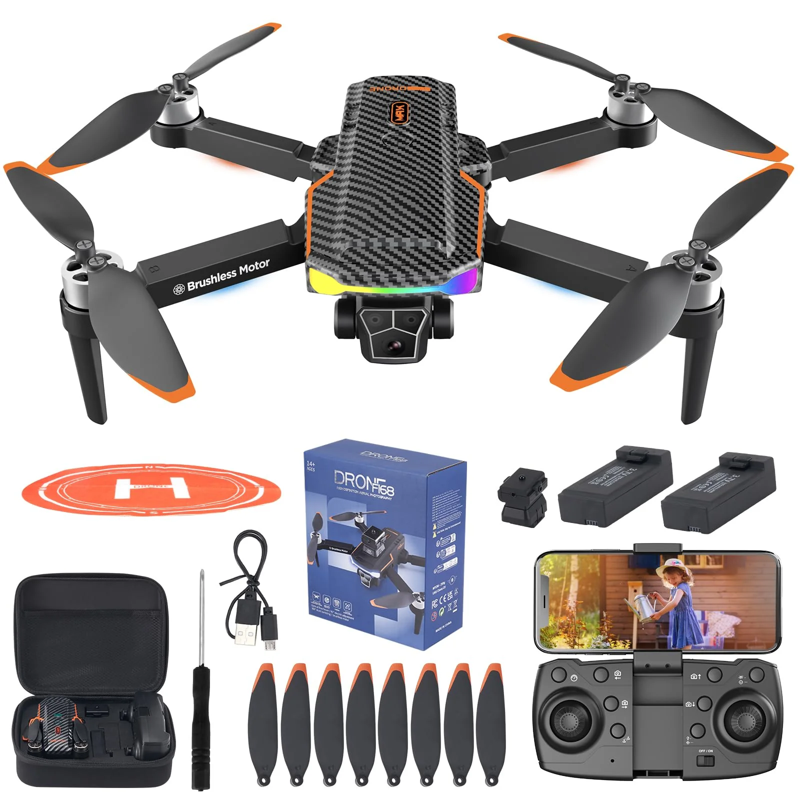 F168 Drone HD Dual Camera Powerful Brushless Motor Optical Flow Positioning Intelligent Obstacle Avoidance Intelligent Tracking Foldable Remote Control Aerial Photography Drone Carbon Fiber - Image 2