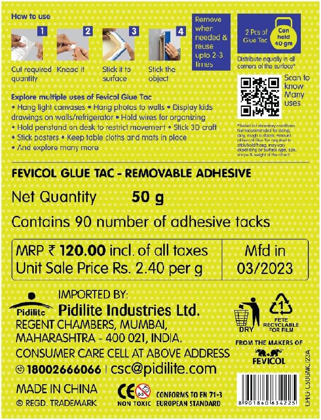 Fevicol Glue Tac 90pcs, 50g - Reusable, Removable, Mouldable Glue | For Decorating, Crafting, Organising | Art & Craft |Easy to Tear | Ideal for Kids, Hobbyists, School - Image 8