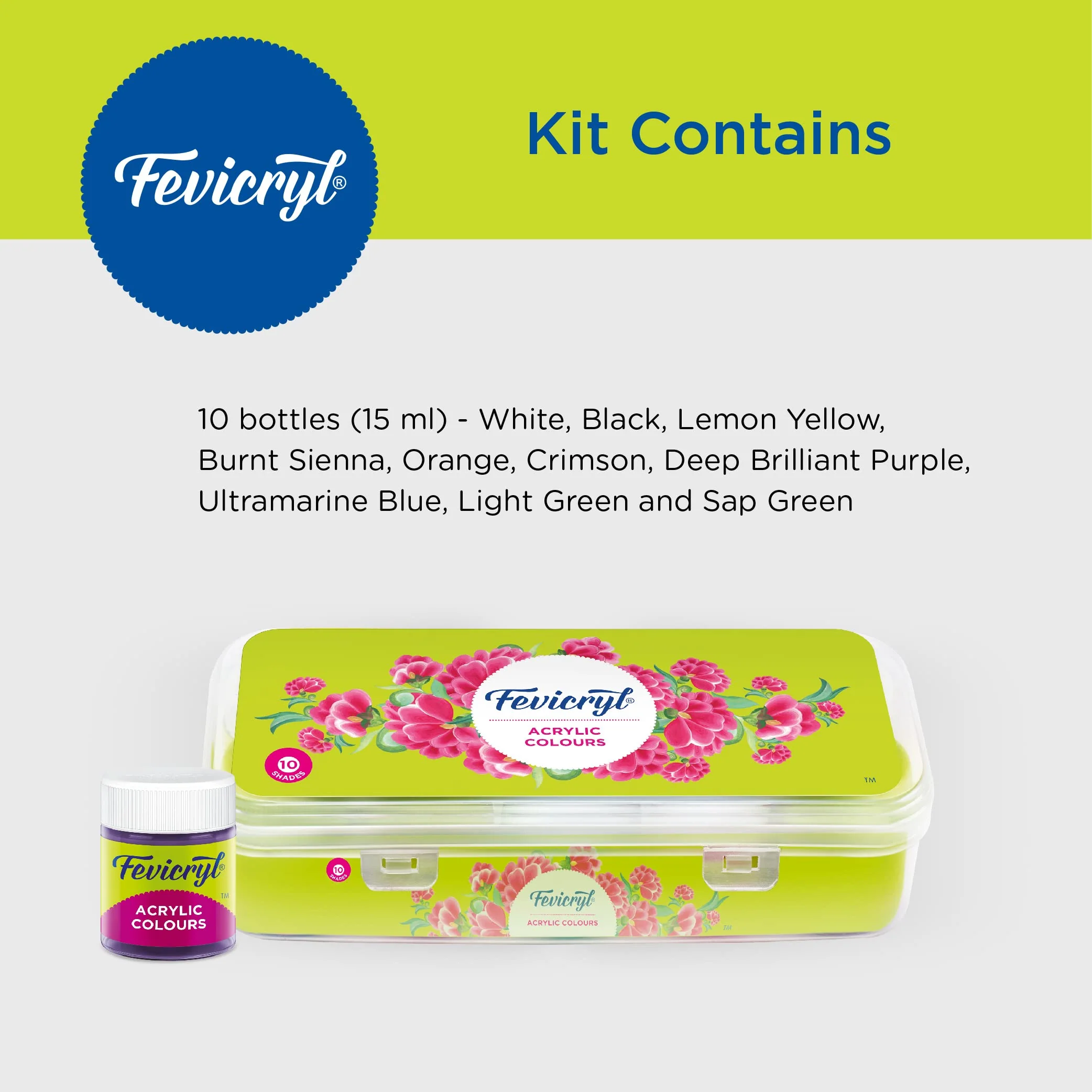 Pidilite Fevicryl Acrylic Colours Sunflower Kit (10 Colors x 15 ml) DIY Paint, Rich Pigment, Non-Craking Paint for Canvas, Wood, Leather, Earthenware, Metal - Image 7