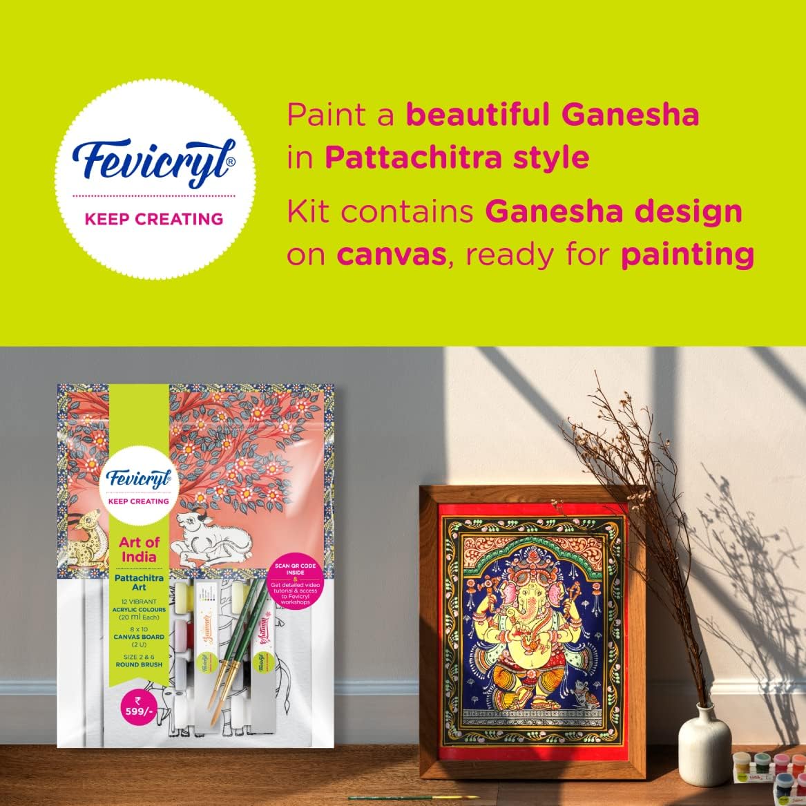 Pidilite Fevicryl DIY Self Painting Art of India Kit - Gond Art | Acrylic Paints 12 shades x 20ml Each, Set of Round Brushes (2U), Pre-Designed Canvas Board 8''x 10'' | Art and Craft for Artists, Students, Children | Best Gift for Artists - Image 2